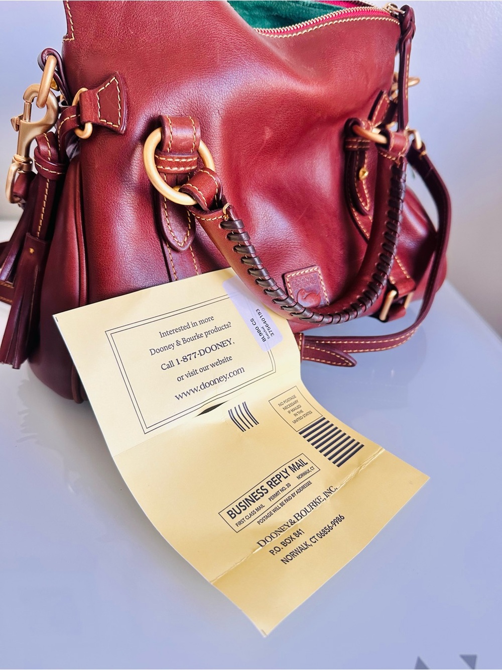 Dooney & Bourke Chestnut Brown Leather Satchel with Gold Hardware and Red Zip - Picture 5 of 6